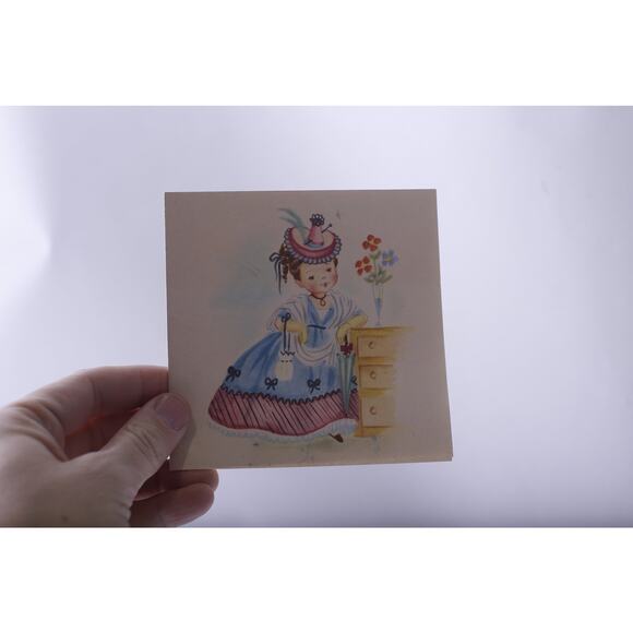 Cute Girl in Colonial Dress, Birthday, Greeting Card, Used, Retro - Picture 1 of 2